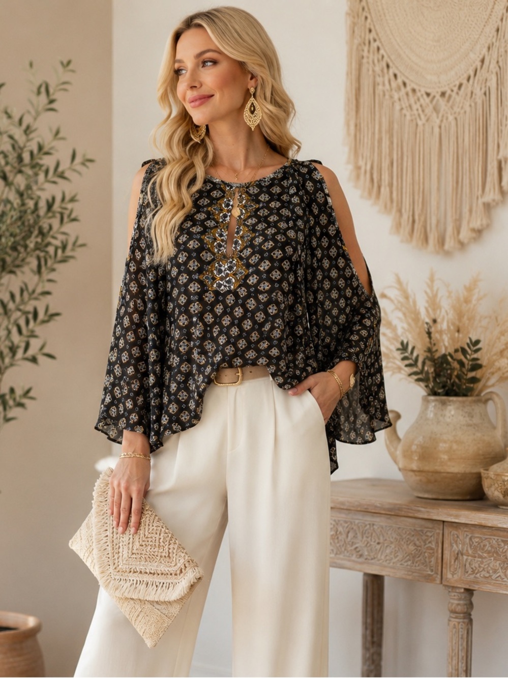 KAS NEWYORK Boho Cold Shoulder Baroque Printed /Geometric Flowers Blouse